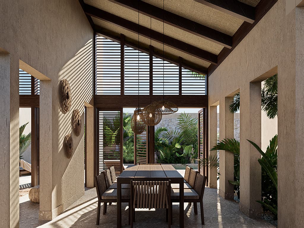 Villa D1 dining area under the double-height roof