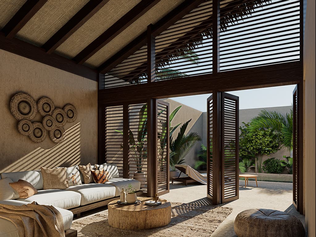 Villa D1 living room opening onto the courtyard